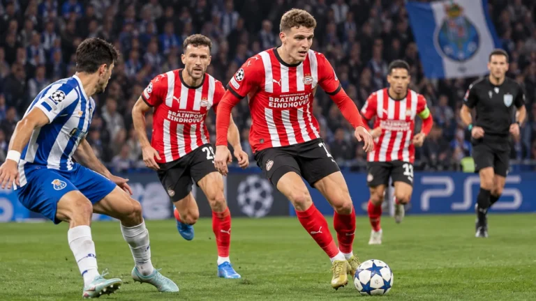 PSV-spelers in rood-wit gestreepte shirts tijdens een Champions League-wedstrijd.