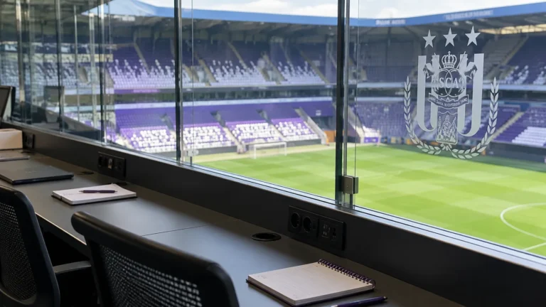 Lege perstafel in een tribuneruimte van RSC Anderlecht met een clubembleem op het glazen paneel.