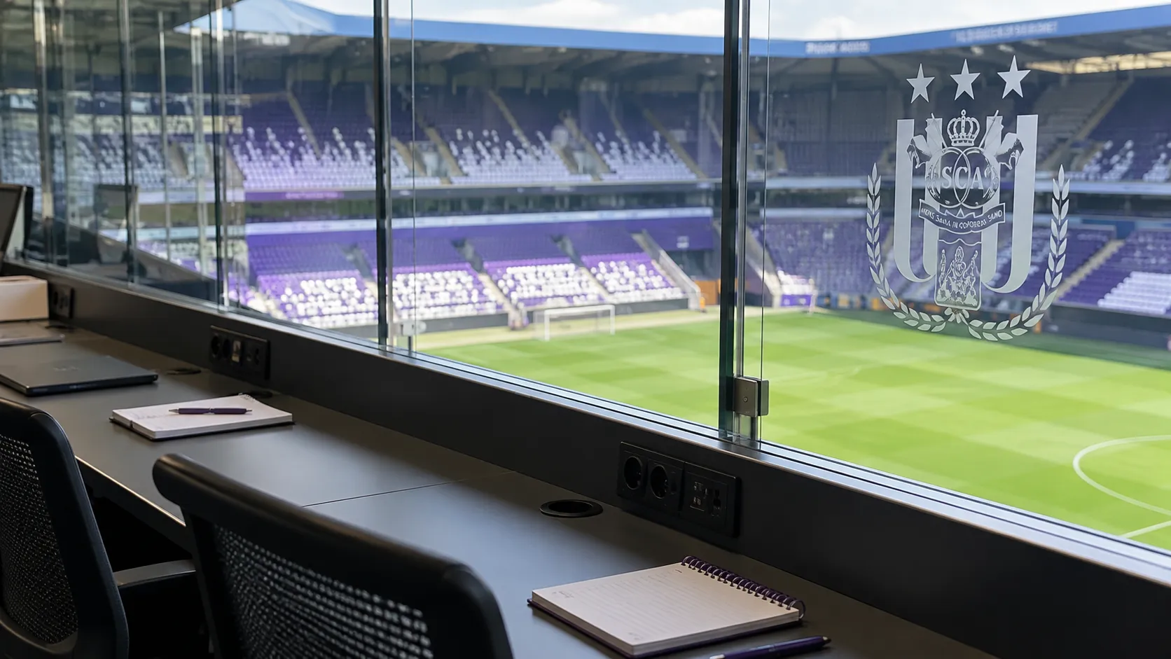 Lege perstafel in een tribuneruimte van RSC Anderlecht met een clubembleem op het glazen paneel.