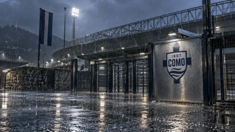 Regen bij de ingang van het stadion van Como met een Como-embleem op een vast bord.
