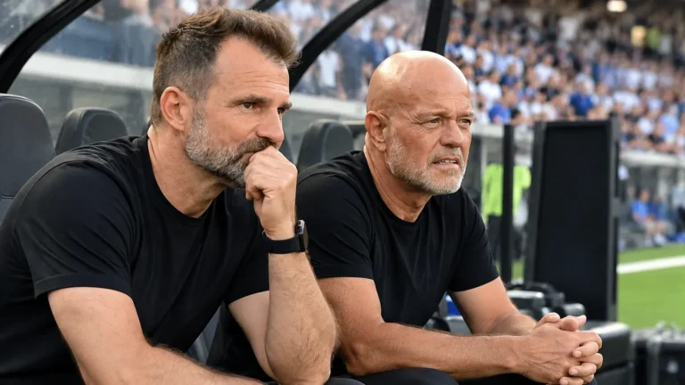 Twee leden van de technische staf bij een voetbaldug-out met supporters op de achtergrond.