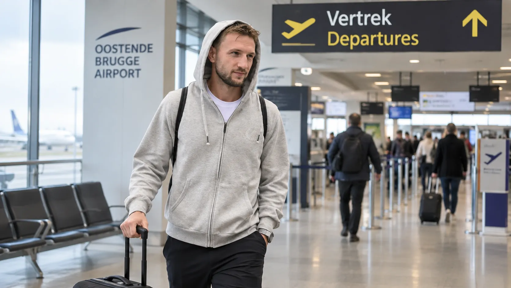 Siebe Van der Heyden in een luchthaventerminal tijdens de reis van KAA Gent naar Portugal.