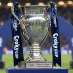 De Croky Cup-trofee met donkerblauwe linten in een voetbalomgeving.