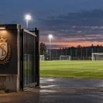 Verlichte toegangspoort van een jeugdtrainingsveld met een Standard-embleem op het vaste bord.