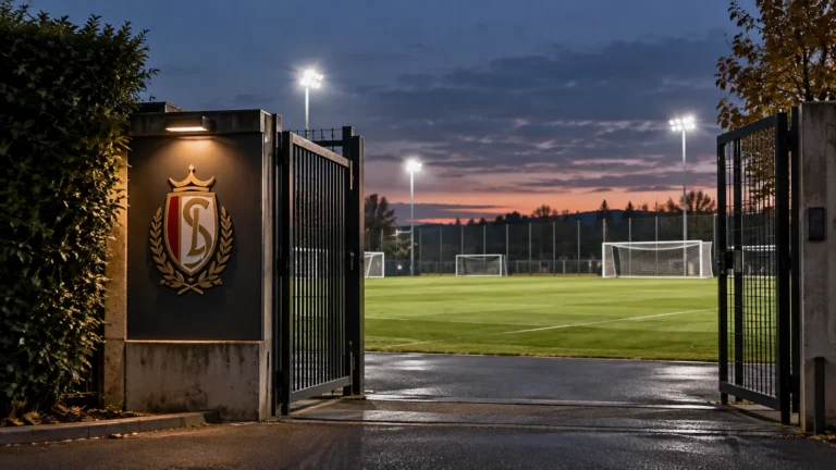 Verlichte toegangspoort van een jeugdtrainingsveld met een Standard-embleem op het vaste bord.