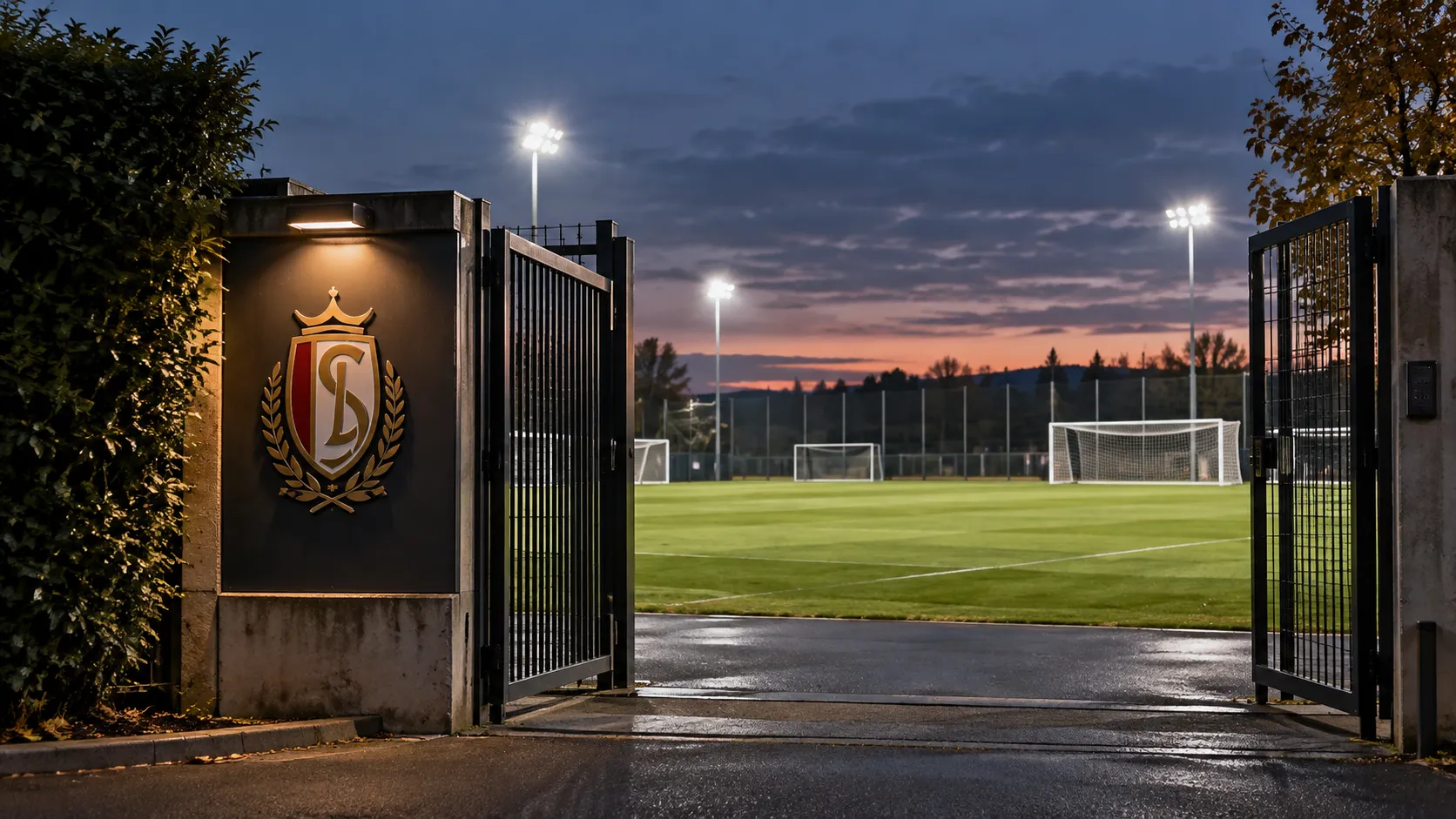 Verlichte toegangspoort van een jeugdtrainingsveld met een Standard-embleem op het vaste bord.