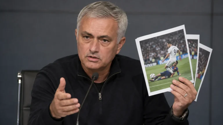 José Mourinho spreekt op een persconferentie terwijl hij afgedrukte wedstrijdfoto’s vasthoudt.