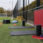 Leeg herstelgedeelte op het trainingscomplex van Ajax met een clubbord langs het veld.