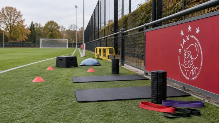 Leeg herstelgedeelte op het trainingscomplex van Ajax met een clubbord langs het veld.