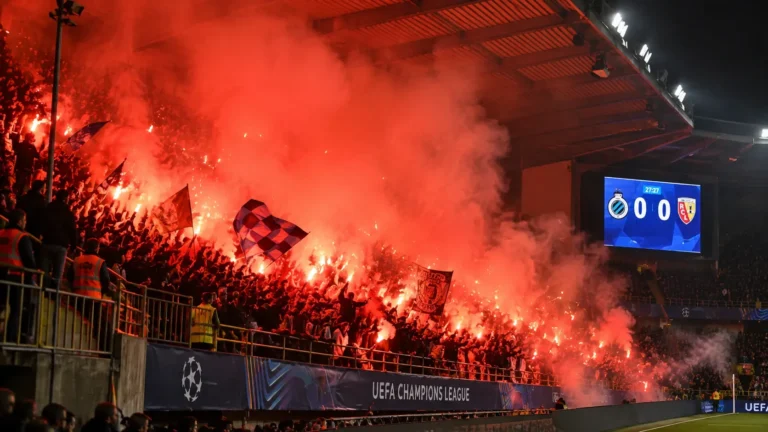 Supporters in een overdekte voetbaltribune tussen rood licht en rook van fakkels.