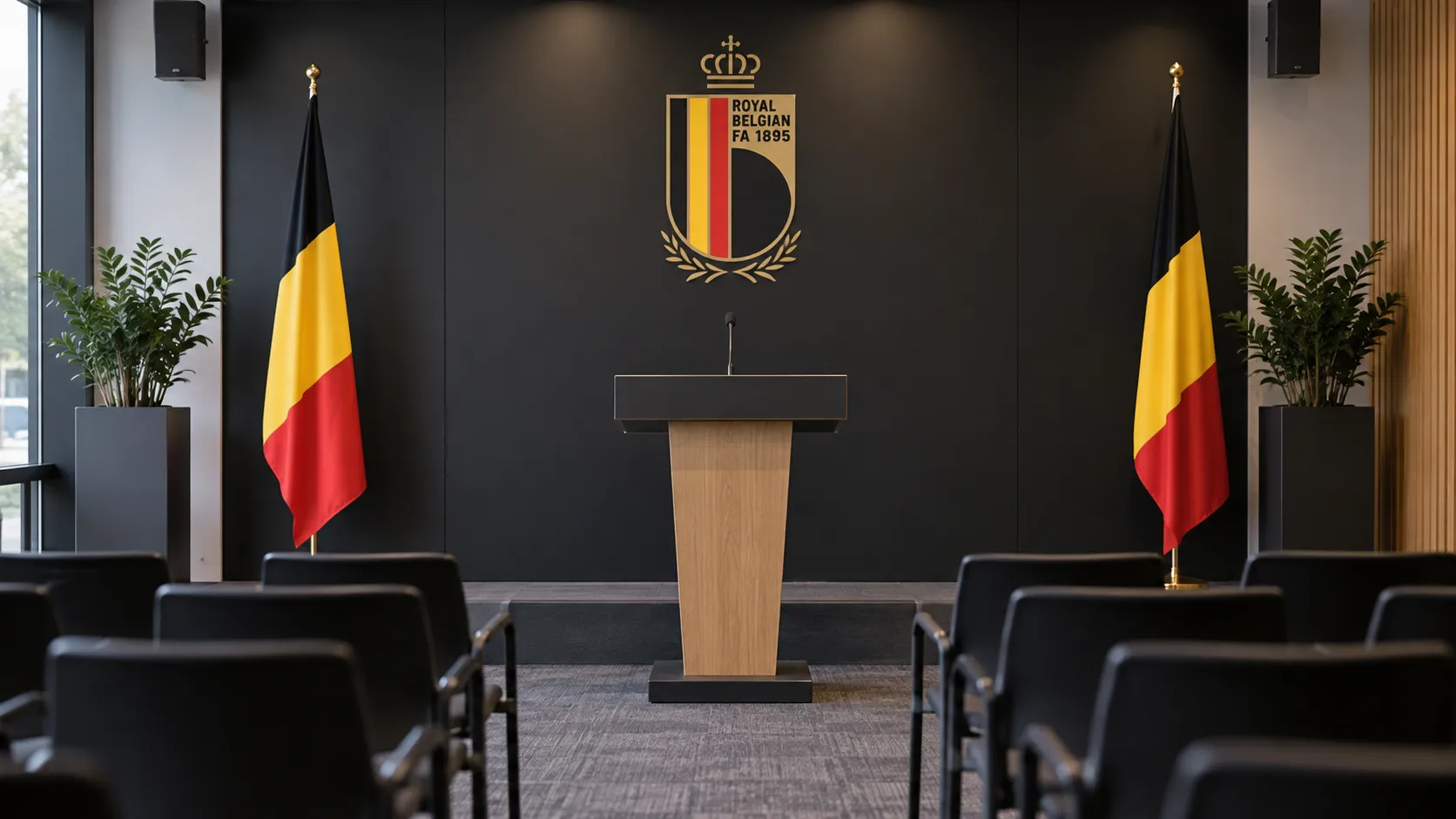 Lege mediaruimte van de KBVB met een fysiek geïntegreerd embleem op de achterwand.