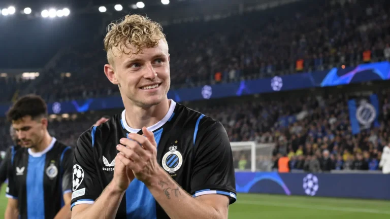 Joaquin Seys van Club Brugge reageert na een Champions League-wedstrijd.