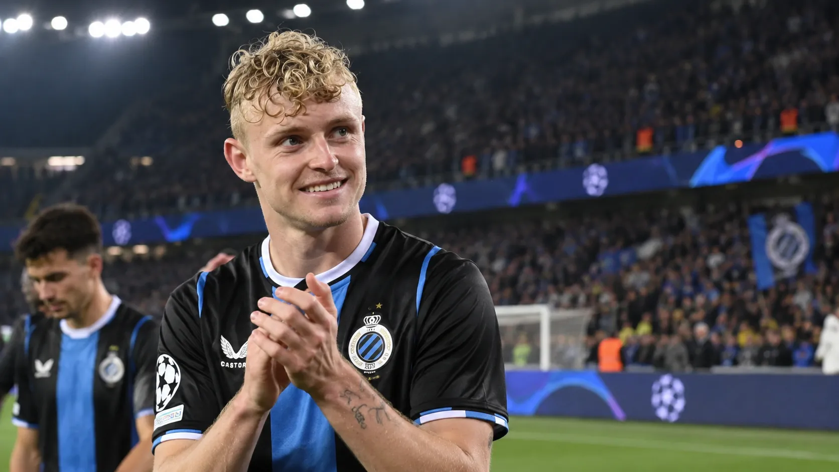 Joaquin Seys van Club Brugge reageert na een Champions League-wedstrijd.