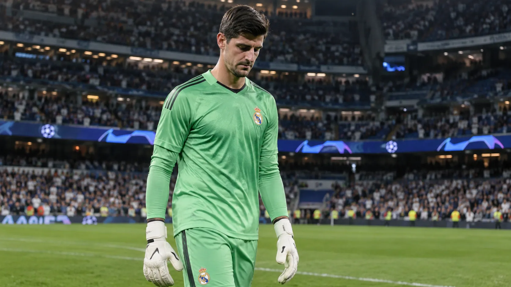 Thibaut Courtois in doelmanstenue van Real Madrid op het veld van het Bernabéu na een wedstrijd.