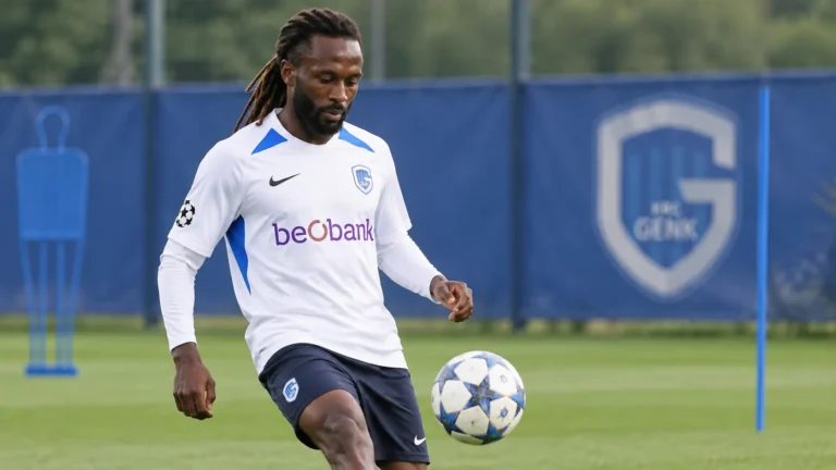 Dieumerci Ndongala in een wit KRC Genk-shirt op een voetbalveld.
