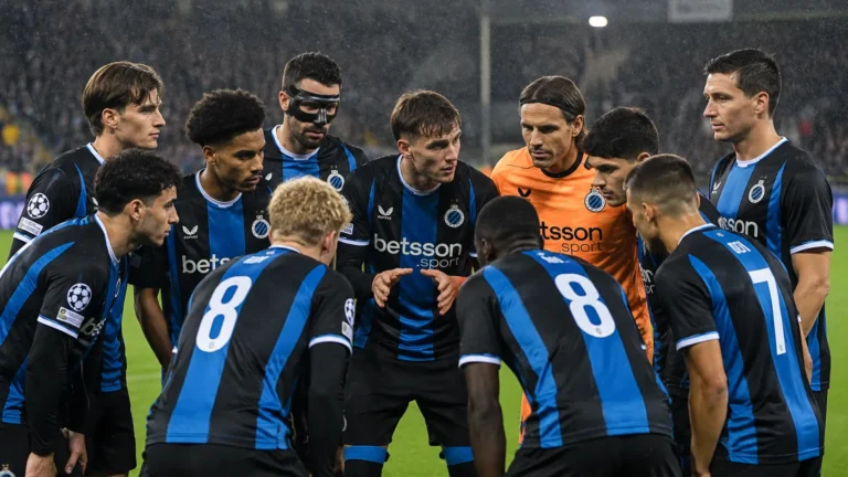 Een groep spelers van Club Brugge in blauw-zwarte wedstrijdshirts op een regenachtige Europese voetbalavond.