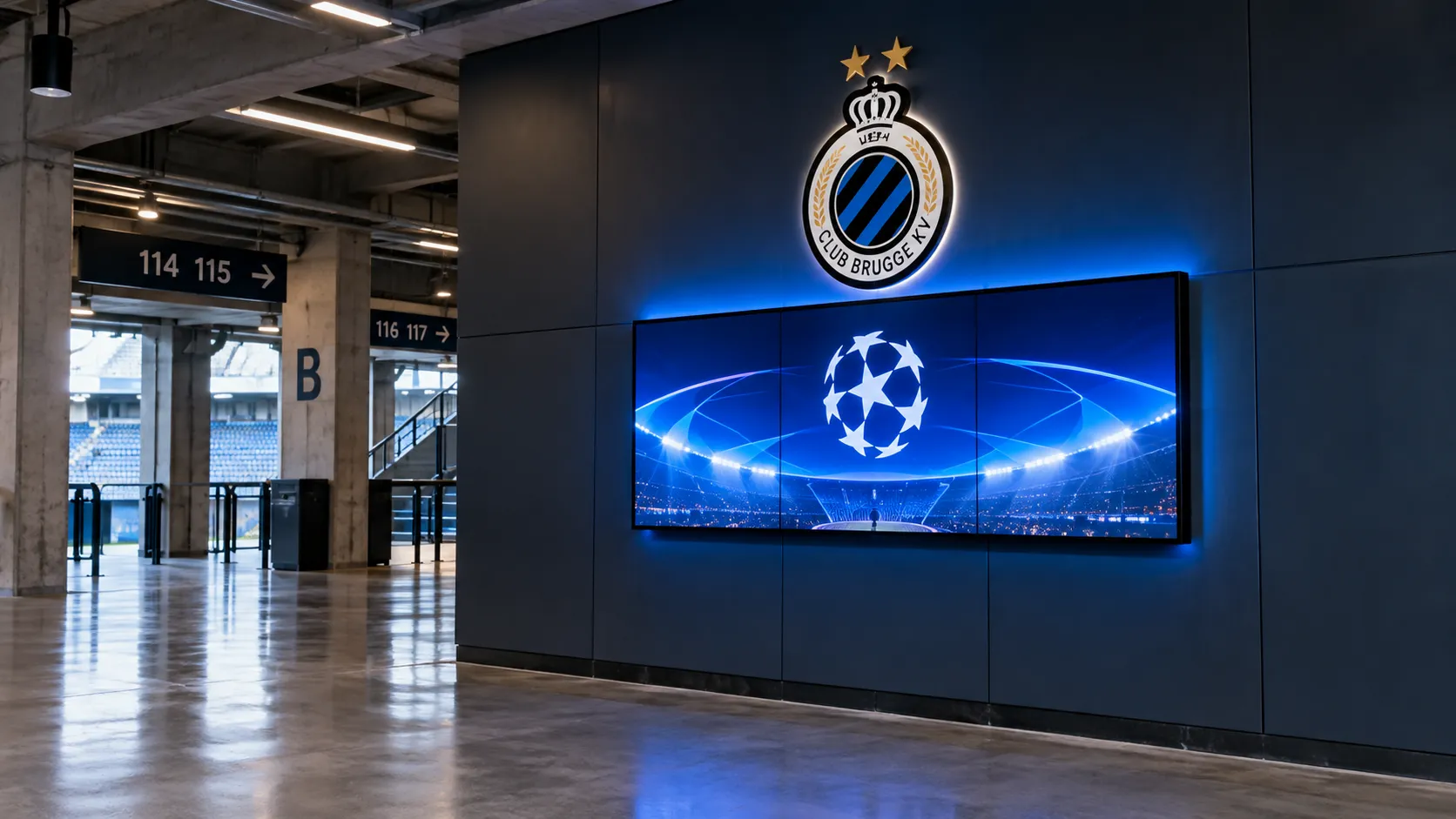 Een verlicht wedstrijdbord van Club Brugge in een lege stadionconcourse.