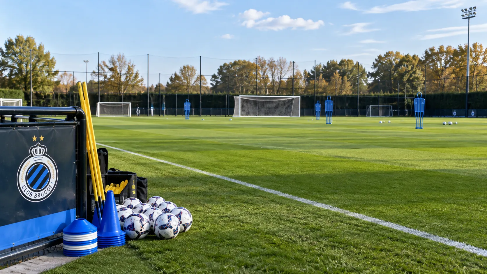 Leeg oefenveld met een blauw-zwart Club Brugge-embleem op het trainingshek.
