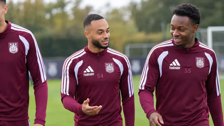 Een groep Anderlecht-spelers in bordeaux trainingskleding tijdens een training op een buitenveld.
