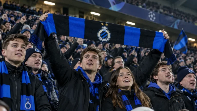 Een groep Club Brugge-supporters houdt in het stadion een blauw-zwarte sjaal omhoog.