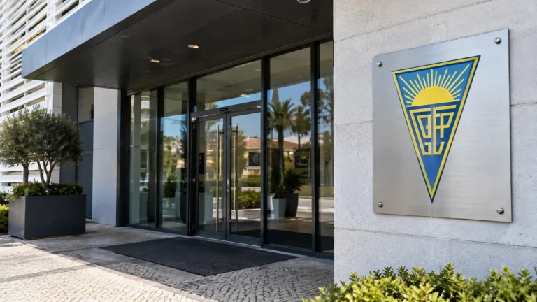 Lege ingang van de clubkantoren van Estoril Praia met een fysiek geïntegreerd clubembleem.