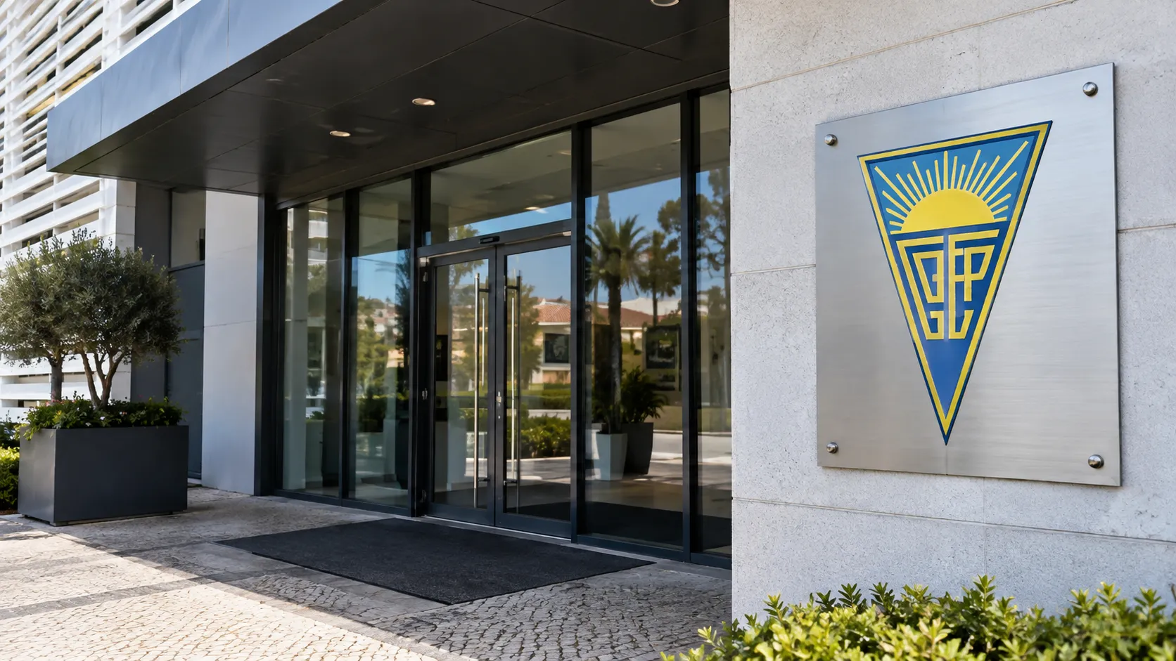 Lege ingang van de clubkantoren van Estoril Praia met een fysiek geïntegreerd clubembleem.