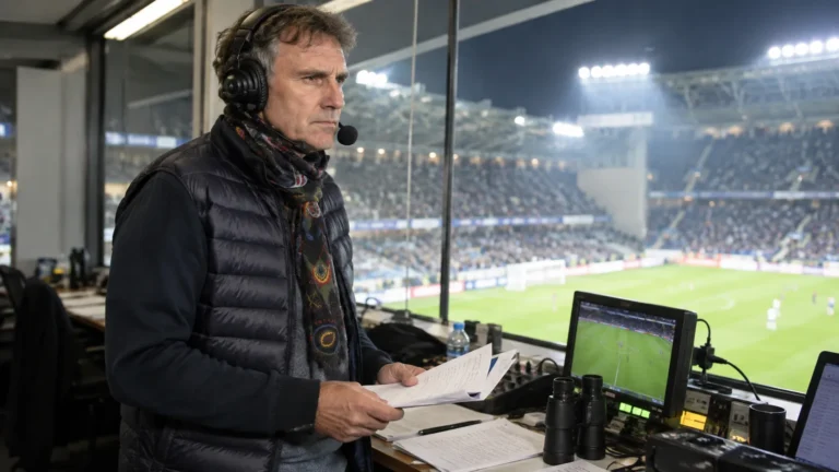 Peter Vandenbempt in een stadioncommentaarcabine terwijl hij zijn wedstrijdaantekeningen bekijkt.
