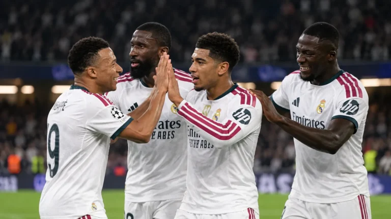 Een groep Real Madrid-spelers in witte wedstrijdtenues viert samen op het veld.