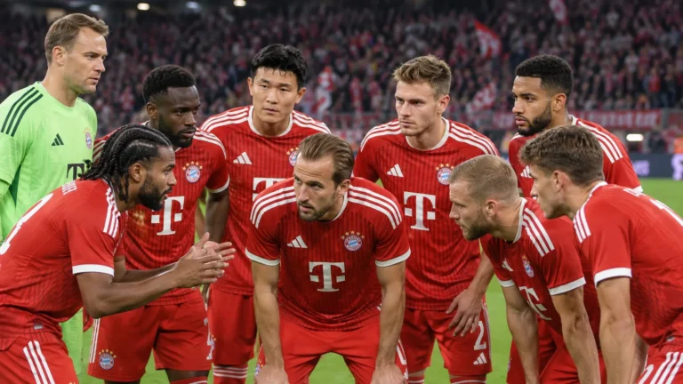 Een groep Bayern München-spelers in rode tenues verzamelt zich voor een wedstrijd in het stadion.