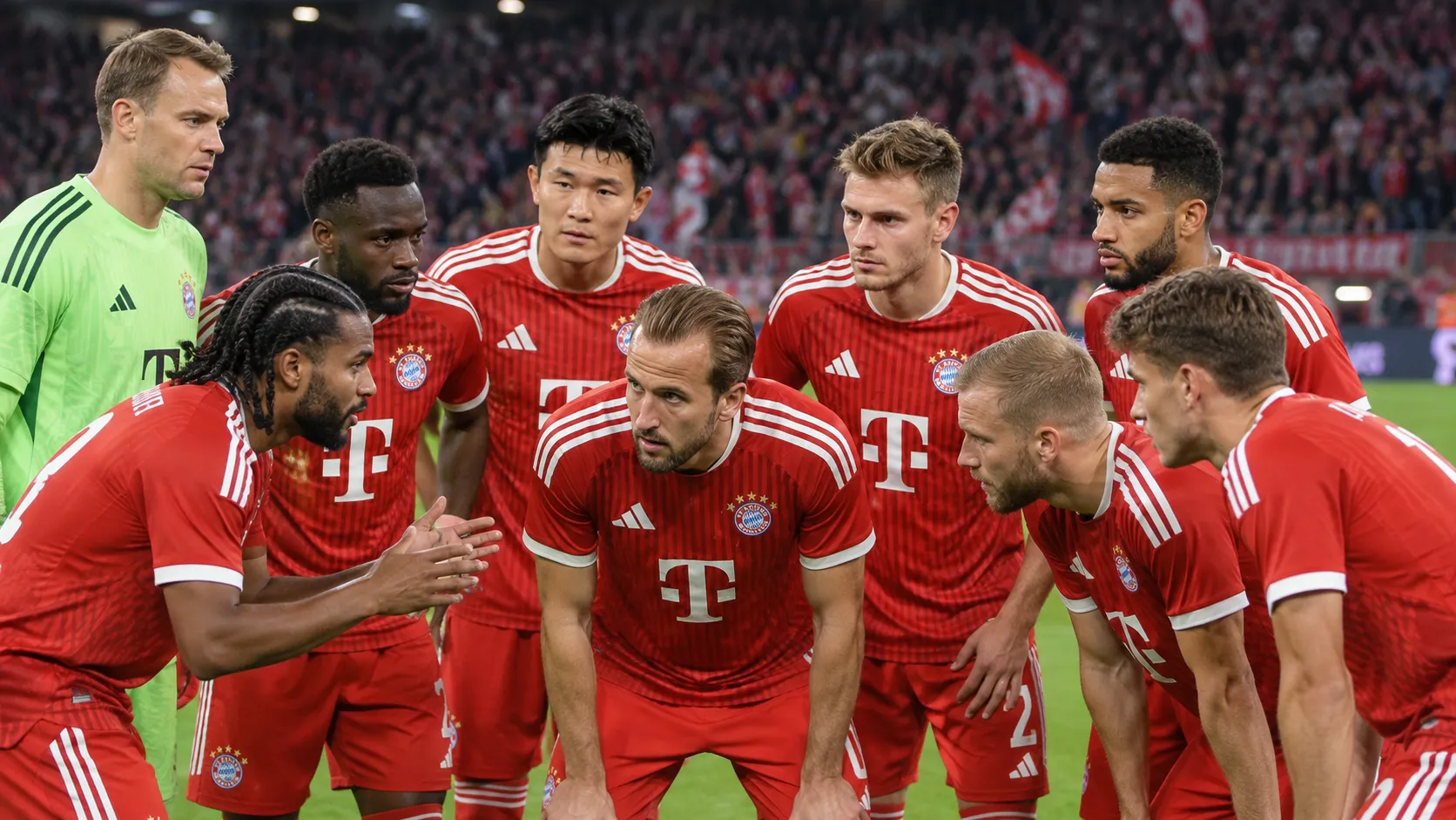 Een groep Bayern München-spelers in rode tenues verzamelt zich voor een wedstrijd in het stadion.