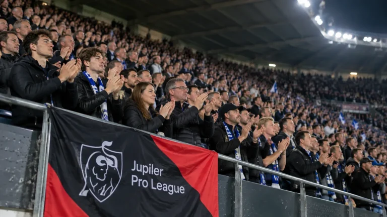 Een collectieve groep Jupiler Pro League-supporters applaudisseert in een verlicht Europees stadion.