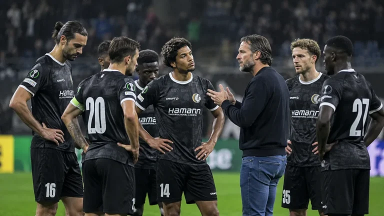 Een groep KAA Gent-spelers en een staflid overlegt op het veld na een wedstrijd.
