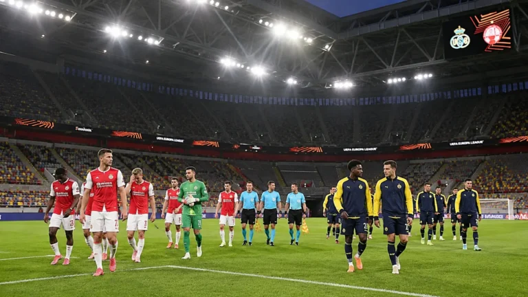 Spelers van Union en Hapoel Beer Sheva op het veld in een leeg stadion in Düsseldorf.