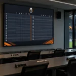 Lege media-analyseruimte in een stadion met een Europa League-embleem op de wand en een rangschikkingsscherm.