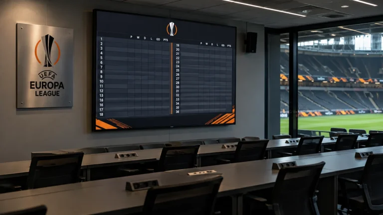 Lege media-analyseruimte in een stadion met een Europa League-embleem op de wand en een rangschikkingsscherm.