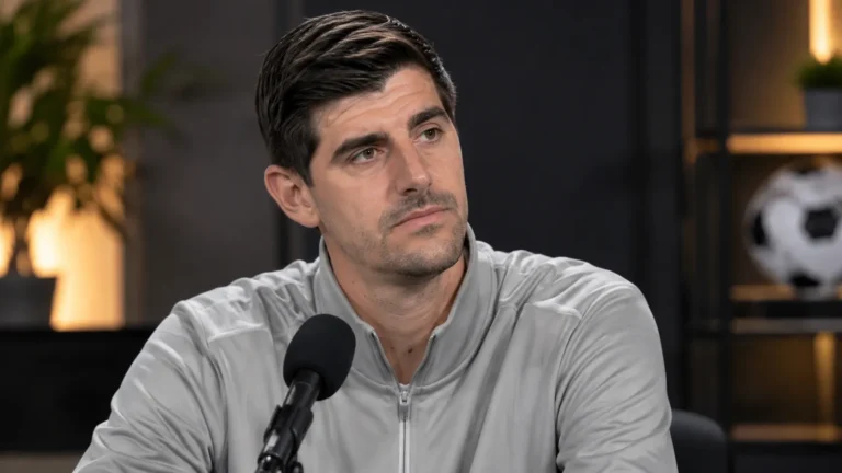 Thibaut Courtois luistert aandachtig tijdens een voetbalinterview in een neutrale studio.