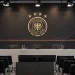 Lege mediaruimte met een vast Duitsland-embleem aan de wand
