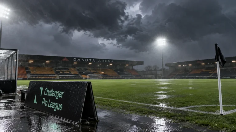 Leeg voetbalveld in een stadion met een fysieke Challenger Pro League-wedstrijdaanduiding tijdens stormweer.