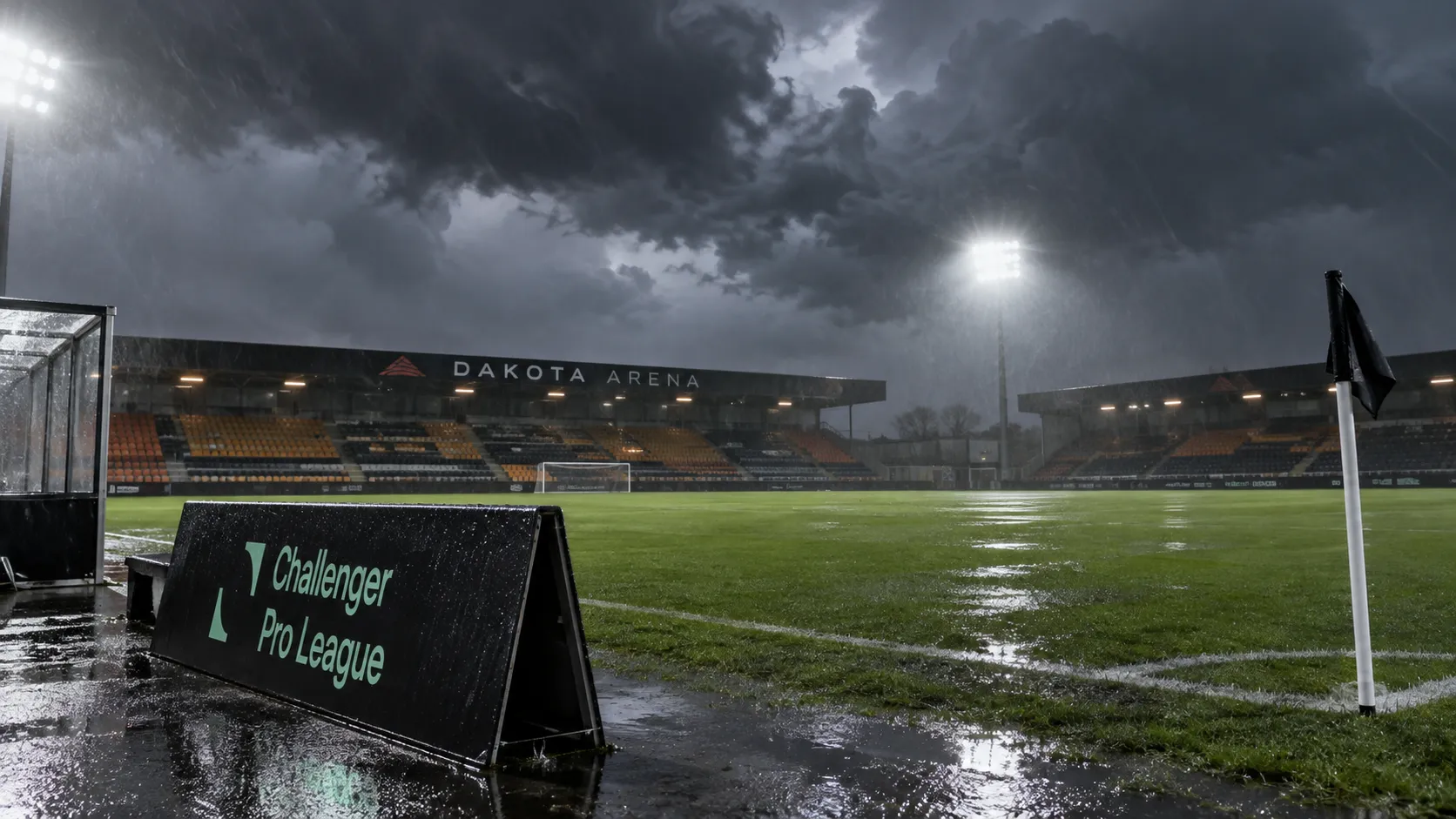 Leeg voetbalveld in een stadion met een fysieke Challenger Pro League-wedstrijdaanduiding tijdens stormweer.