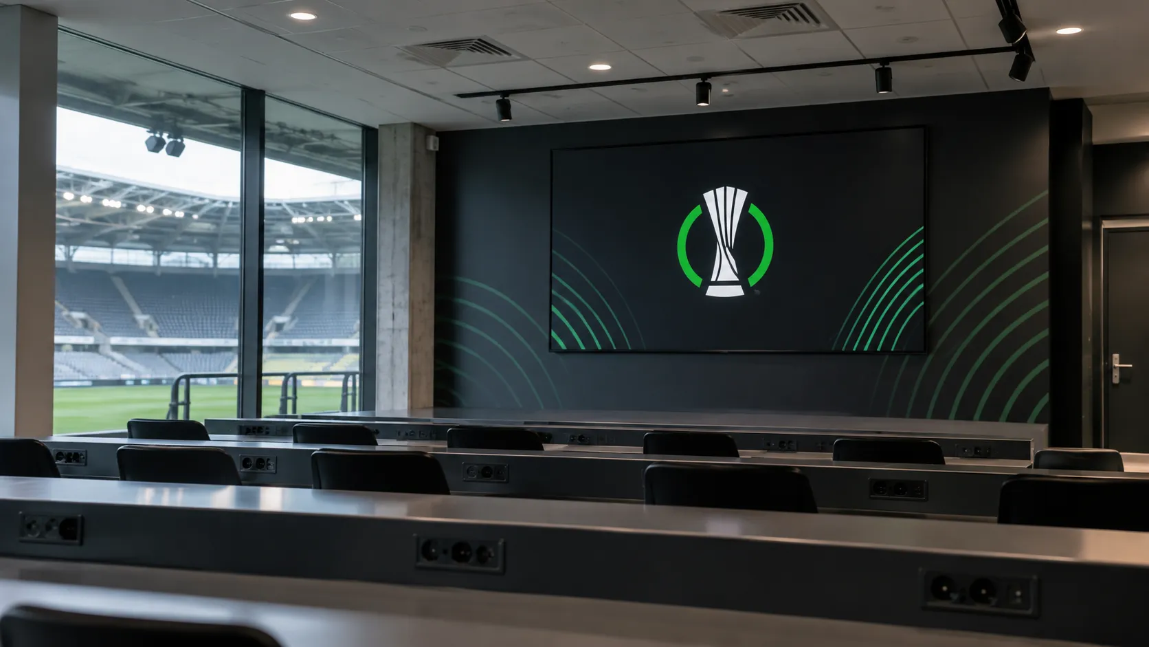 Lege mediazone in een Conference League-stadion met een digitaal competitiescherm.