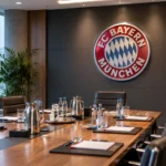 Lege vergaderruimte van Bayern München met het clubembleem op de wand.