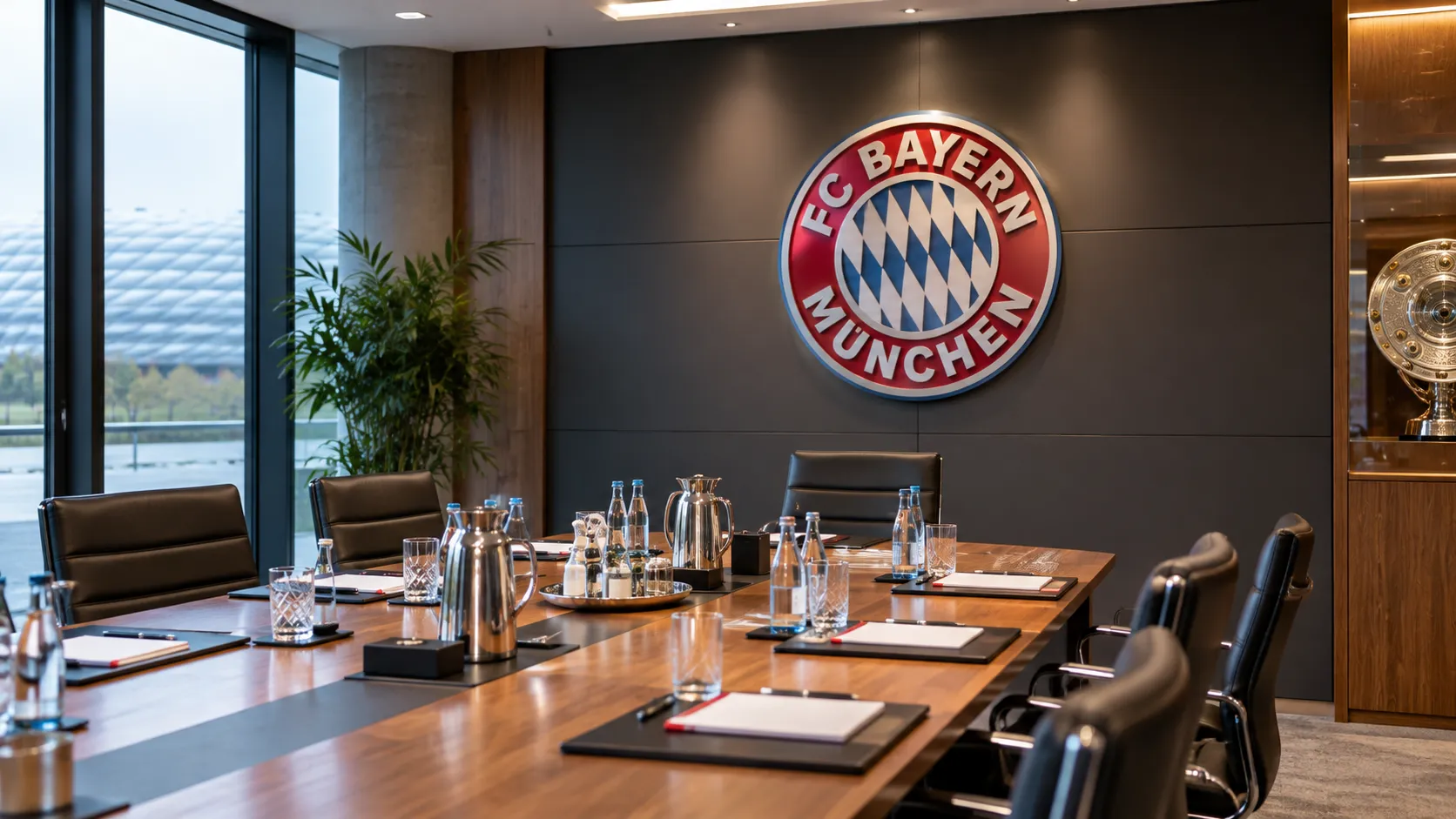 Lege vergaderruimte van Bayern München met het clubembleem op de wand.