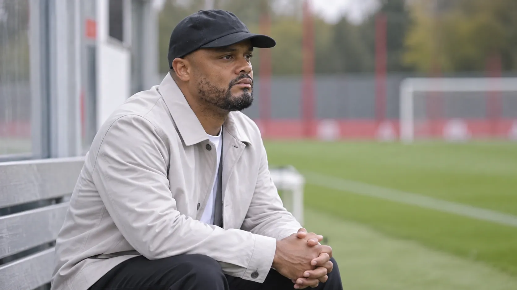 Vincent Kompany zit rustig naast een trainingsveld in een lichte jas en zwarte pet.