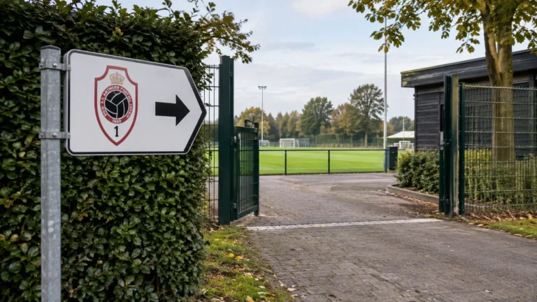 Lege toegang tot een trainingscomplex in Oisterwijk met een Royal Antwerp-clubanker.