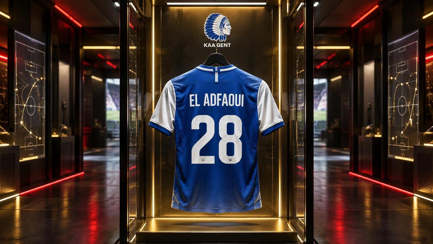 Shirt van Mohammed El Âdfaoui met nummer 28 in een futuristisch VoetbalFocus-scoutinglab.