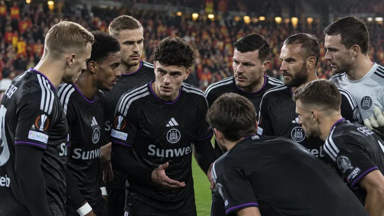 Een groep Anderlecht-spelers in zwarte wedstrijdshirts op het veld na afloop van een match.