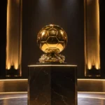 De Ballon d'Or-trofee op een leeg ceremonieel podium in Londen.