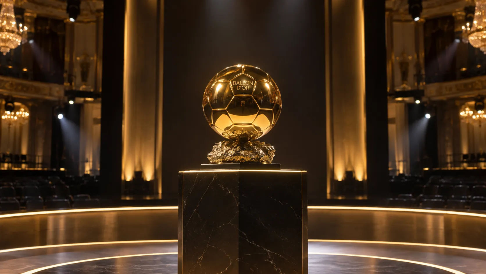 De Ballon d'Or-trofee op een leeg ceremonieel podium in Londen.