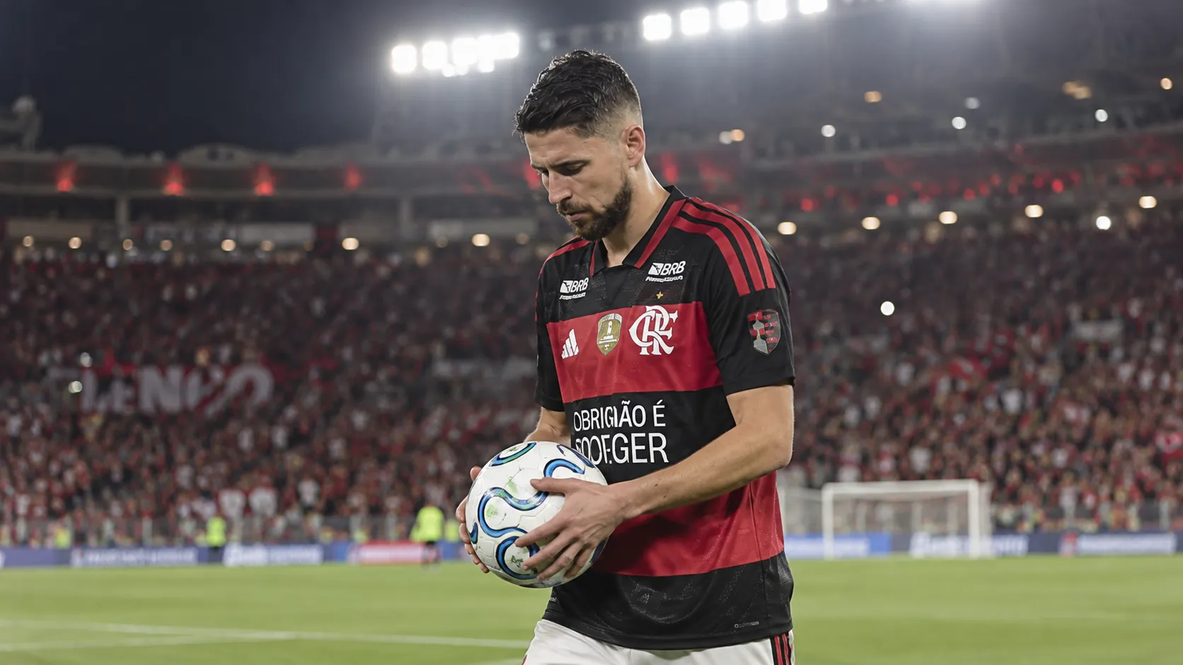 Jorginho in het rood-zwarte tenue van Flamengo met een bal op het veld.