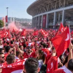 Een grote groep Turkse voetbalsupporters met rode vlaggen bij een stadion.